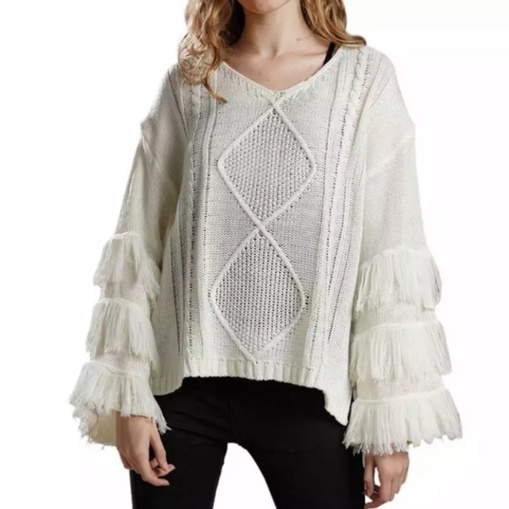 Cream Knit Fringe Tassel V Neck Boho Sweater - Picture 3 of 3